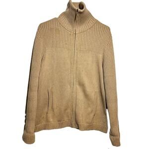 Pendleton Full Zip Sweater Cotton Funnel Neck Pockets Ribbed Knit Tan Large